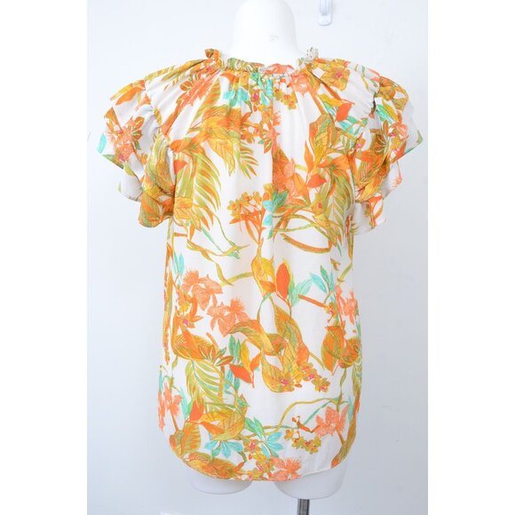 Rose & Olive Plus Size 1X Floral Feminine Flutter Sleeve Ruffle Neck Blouse Top - Picture 3 of 10